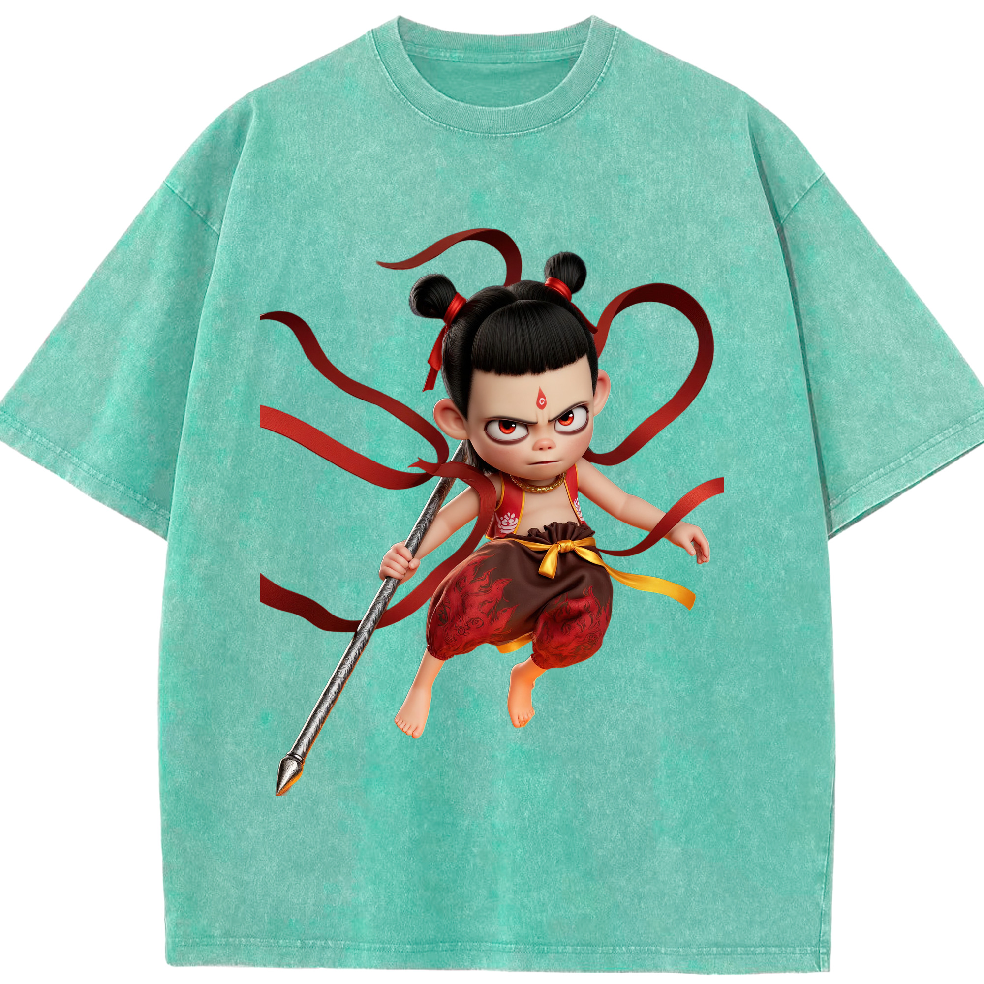 （画像用） Ne Zha 2 ナタ 魔童の大暴れ 綿100% ヴィンテージ風 半袖Tシャツ（フロントプリント）